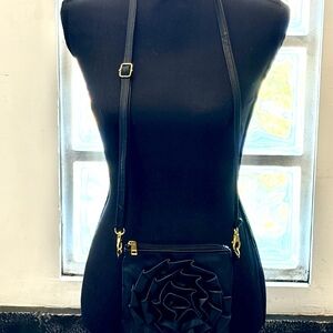 Black Leather Flower Crossbody Bag